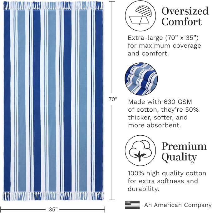 Laguna Beach Textile Co. Striped Cabana Beach Towel - Oversized, Plush 630 GSM Cotton - Bahama Blue
