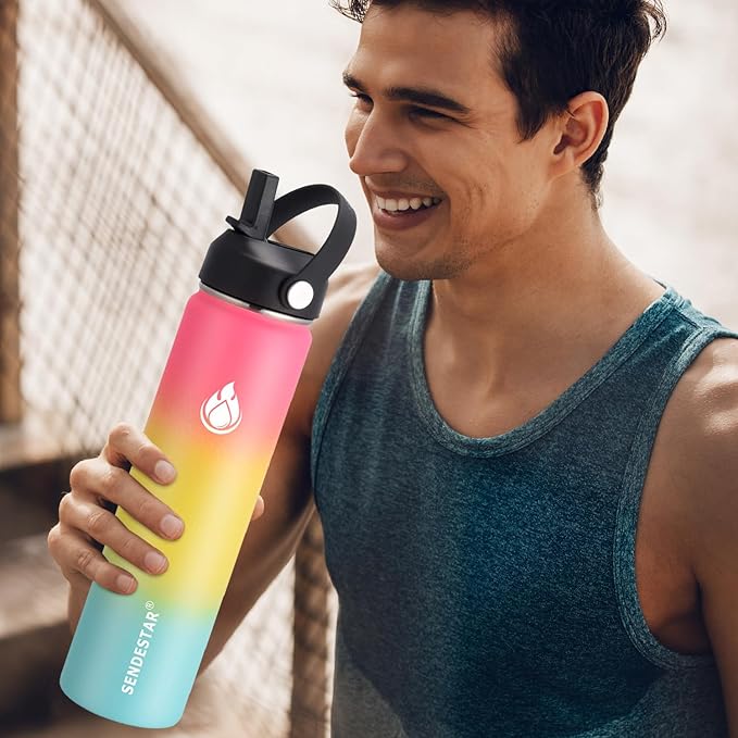 SENDESTAR Insulated Water Bottle 24 OZ, Wide Mouth 24 oz Water Bottle with Straw Lid, Spout Lid, Double Wall Vacuum Stainless Steel Leak Proof, Keeps Liquids Hot or Cold