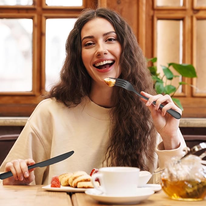 Nuenen 50 Pieces Stainless Steel Forks Silverware Set Dinner Forks and Knives Flatware Tableware Cutlery Set for Kitchen Restaurant(8.07 x 0.94 Inch, 9.06 x 0.79 Inch,Shiny Black)