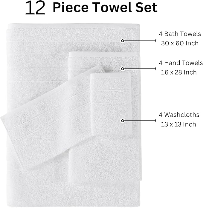 Casa Platino 100% Cotton Luxury Bathroom Towel Set - 12 Pcs - Super Soft, Fluffy & Highly Absorbent - 4 Large Bath Towels, 4 Washcloths, 4 Hand Towels - Complete Family Pack - White Bath Towel Set