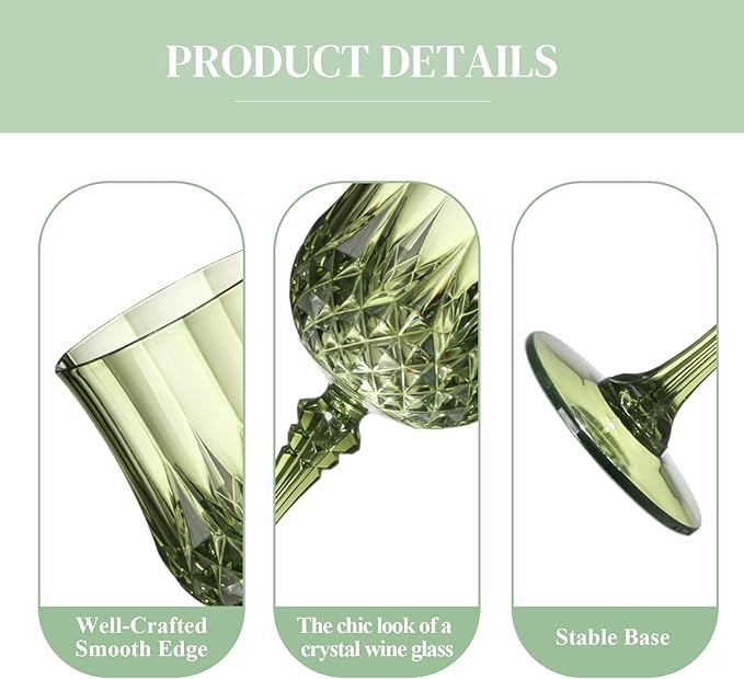 XUWAIDSGN 16 Pcs 7oz Plastic Vintage Wine Glasses Drinking Glasses Unbreakable Wedding Glassware Crystal Water Goblets Reusable Drinkware Vintage Champagne Flutes (16, Dark Green)