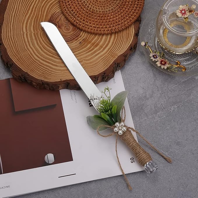 TANG SONG Rustic Style Stainless Steel Wedding Cake Knife and Serving Set Resin Plastic Handle with Artificial Green Leaf shape Design