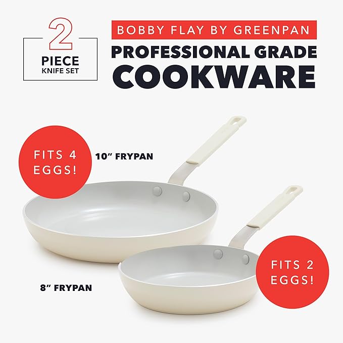 GreenPan x Bobby Flay 2 Piece- 8” and 10” Nonstick Frying Pan Skillet Set, PFAS-Free Diamond Ceramic, Induction Suitable, Stay-Cool Silicone Handle, Easy Clean Dishwasher & Oven Safe, Cream