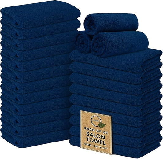 Softolle Salon Towels – Pack of 24 (16"x27") 100% Cotton Ring Spun (Not Bleach Proof) Ultra Soft, Highly Absorbent Hand Towels – Bulk for Spa, Gym & Salon (Navy Blue)