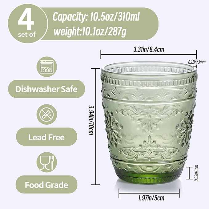4Pcs Green Drinking Glassware, 10OZ Drinking Glasses, Heavy Duty Glass Cups, Colored Embossed Glasses Set for Party Wedding Home Office Glassesware Gift
