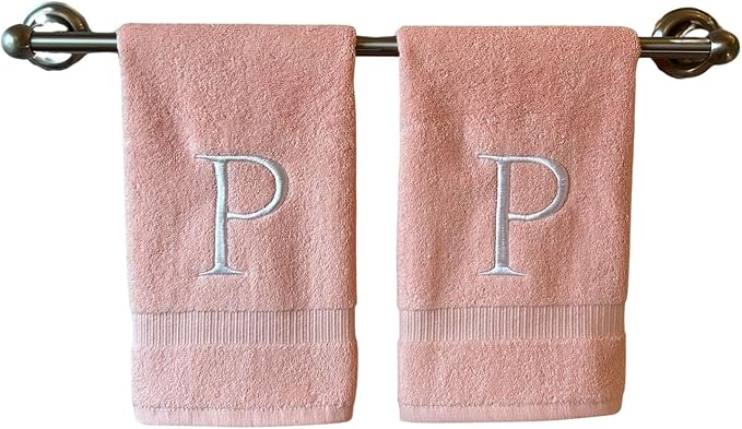 Pink Initial Hand Towel for Bathroom - Monogrammed Luxury Hotel Quality Decorative Embroidered Towel for Powder Room, Spa - GOTS Organic Certified - Set of 2 Letter P