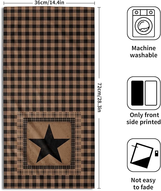 Vintage Western Texas Star Hand Towels for Bathroom Set of 2, Primitive Black Brown Decorative Buffalo Plaid Farmhouse Small Bath Towel Kitchen Dish Guest Towel for Home Spa Hotel 14.4 x 28.3 Inch