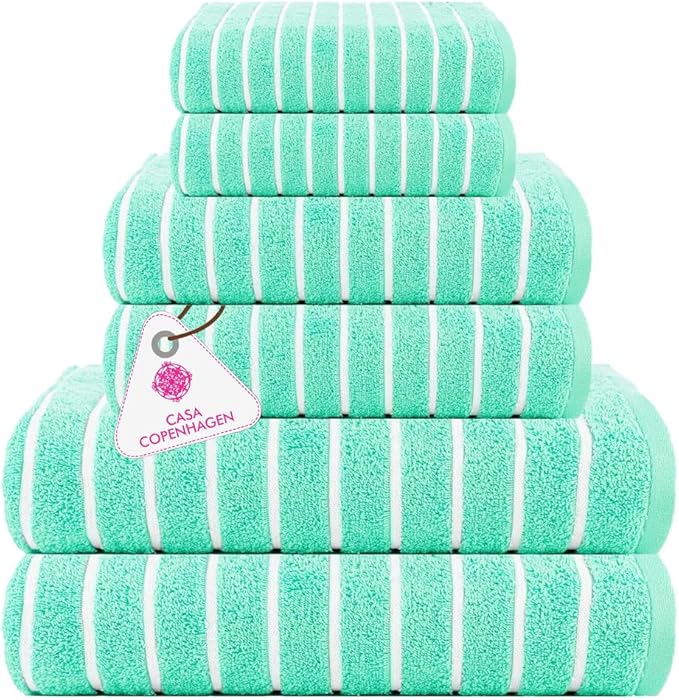 CASA COPENHAGEN Ecstatic 6 Pieces Towel Set- Aqua Blue, 600 GSM 2 Bath Towel 2 Hand Towel 2 Washcloth, Designed in Denmark Made of Soft Egyptian Cotton for Bathroom, Kitchen & Shower