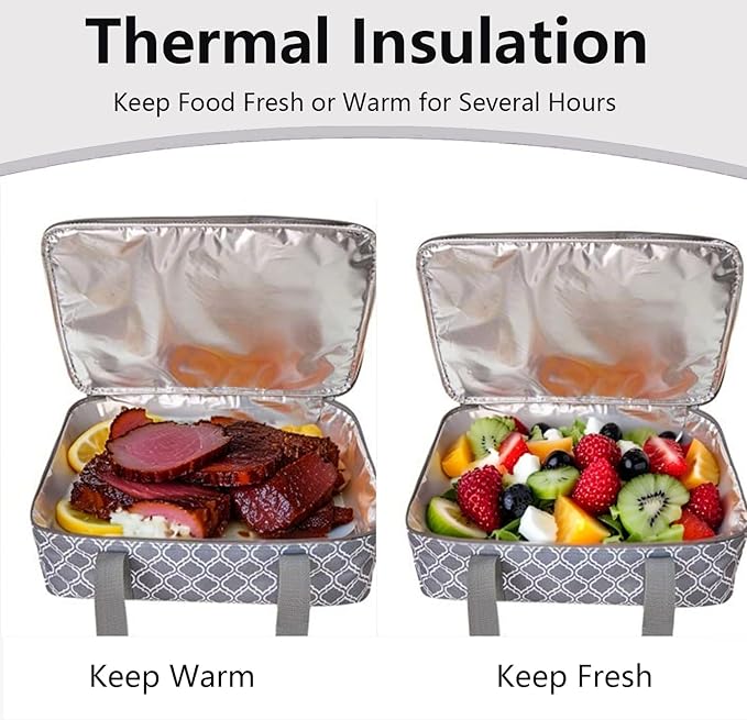 Insulated Casserole Carrier Bag - Portable Reusable Food Transport Tote Bag Fits 9x13" Lasagna Baking Dish Pan to Keep Food Hot/Cold for Gathering/Potluck Parties/Cookout/Camping/Offices-Silver Gray