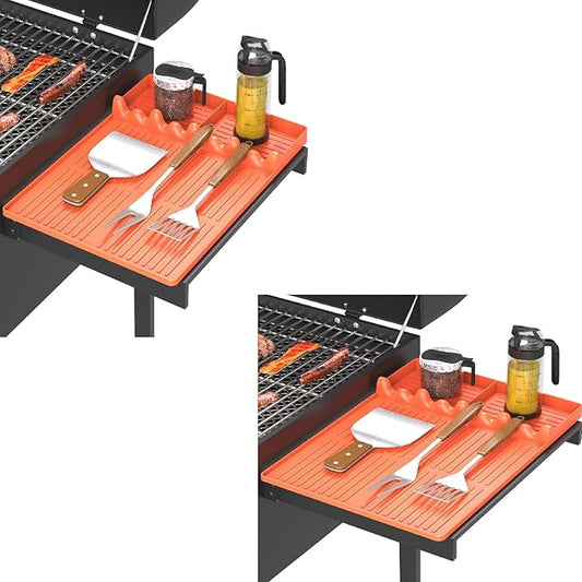Silicone Griddle Tool Mat Compatible with Blackstone Weber - Flat Top Grill Pellet Smoker Side Shelf Spatula Mat with Drip Pad - Gifts for Men BBQ Grilling Accessories(Orange-2Pcs)