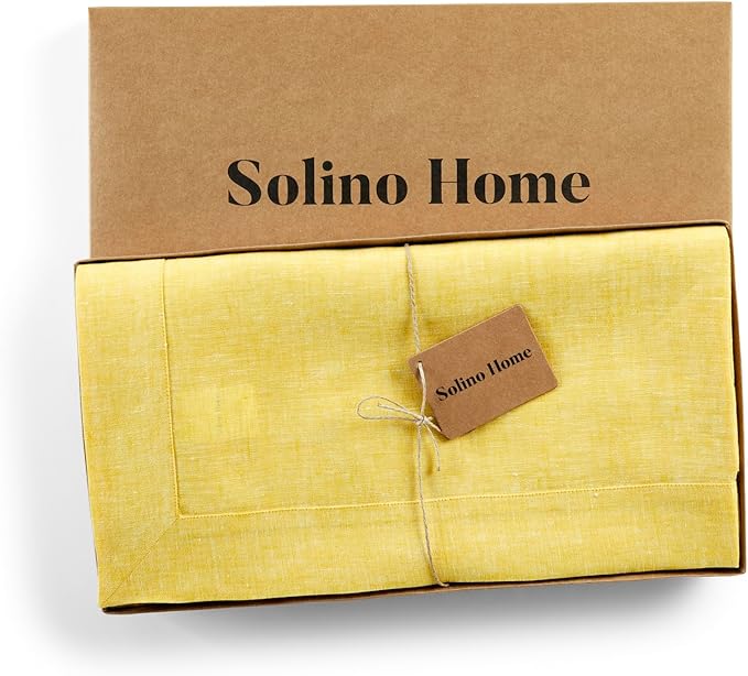 Solino Home Linen Tablecloth 60 x 108 Inch - 100% Pure Linen Chambray Lemon Yellow Table Cloth for Rectangular Tables - Athena, Machine Washable Cloth Tablecloth