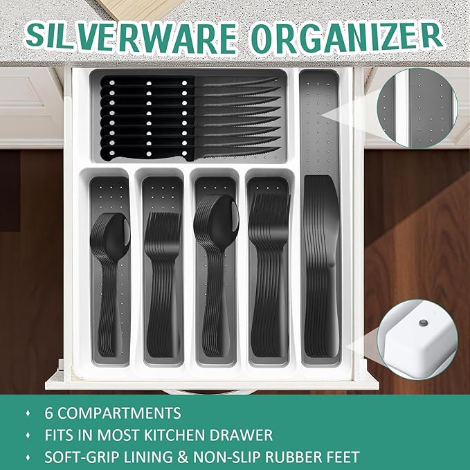61Pcs Silverware Set with Organizer, Silver Stainless Steel Flatware Set for 10 Cutlery Utensil Sets with Steak Knives, Spoons and Forks Set, Dishwasher Safe