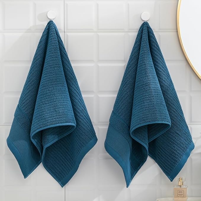 sense gnosis Blue Navy Hand Towel Set of 2 Ribbed Striped 100% Cotton Super Soft Thick Absorbent Decorative Hand Towel for Bathroom 13 x 29 Inch