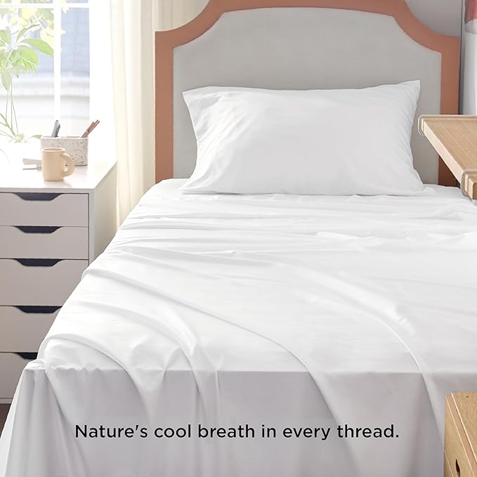 Bedsure Cooling Sheets Twin XL, Rayon Derived from Bamboo, Breathable & Soft Twin XL Sheet Sets, Deep Pocket Up to 16 Inches, Hotel Luxury Silky Dorm Bedding for Hot Sleepers, White
