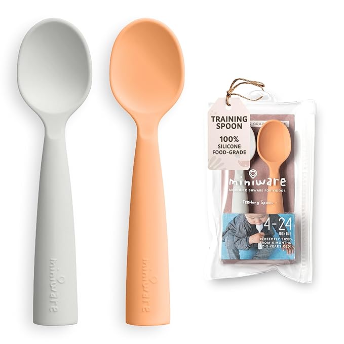 Miniware Silicone Baby Spoon for Training - BPA Free Baby Utensils - Baby Spoons Self Feeding 6 Months | 100% Food Grade Silicone - Modern & Dishwasher Safe Toddler | Dishwasher Safe (Grey and Toffee)