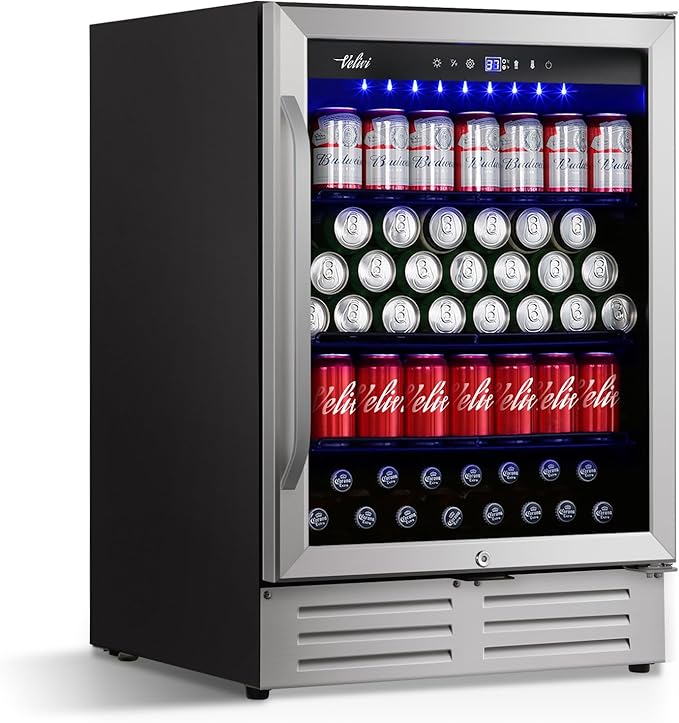 24'' Beverage Refrigerator Cooler,168 Cans Beverage and Beer Fridge with Glass Door, Built-in/Freestanding Drink Fridge for Kitchen, Bar or Office, Stainless Steel Silver