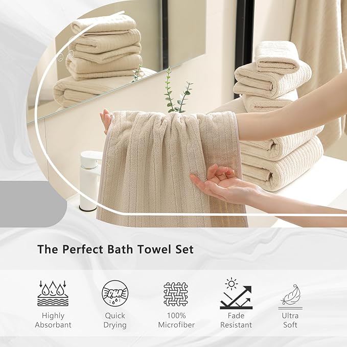 18 Piece Bath Towels Set,Ultra Soft Family Bathroom Towel Set with Hanging Loops-6 Bath Towels,6 Hand Towels,6 Washcloths,Highly Absorbent Quick Dry Shower Towel for Bathroom,Hotel,Spa-Beige Towel Set