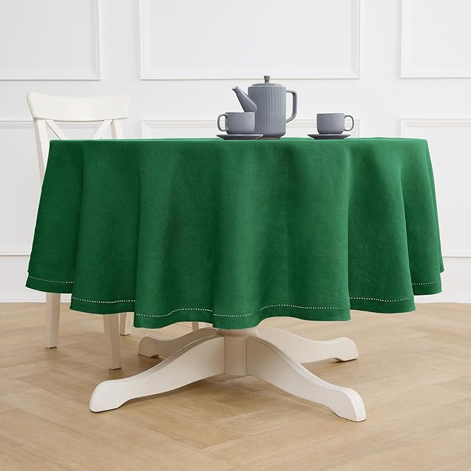 Solino Home Linen 60 Inch Round Tablecloth - 100% Pure Linen Green Round Tablecloth - Machine Washable Table Cloth for Christmas, New Year - Sonoma Hemstitch