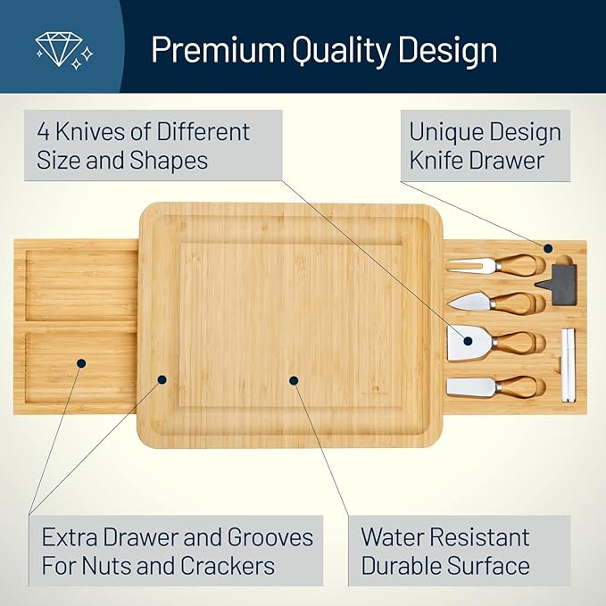 RoyalHouse Unique Bamboo Cheese Board and Knife Set with 2 Slide-Out Cutlery Drawers - Charcuterie Boards Set - Birthday Gifts for Women, Wedding Gifts for Couples 2025, Bridal Shower Gifts