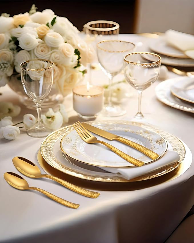 Silverware Set,Ollex 40-Piece Hammered Gold Flatware Cutlery Set for 8 Mirror Finished with Anti-rust stainless steel Spoon Knives Forks for Kitchen Hotel Party Modern Utensil Sets, Dishwasher Safe