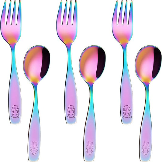 ANNOVA Kids Silverware Children's Safe Flatware Set Stainless Steel - Children Forks, Children Tablespoons, Toddler Utensils, Metal Cutlery Set for LunchBox (Rainbow, 6)