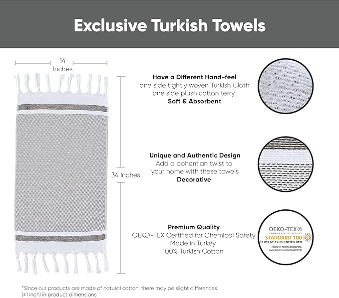 sea me at home Turkish Hand Towels for Bathroom, Kitchen Towels Decorative Set of 2, Luxury Turkish Cotton Dish Tea Towels 14 x 30 Inches for Bohemian, Rustic, and Farmhouse Decor (Gray)