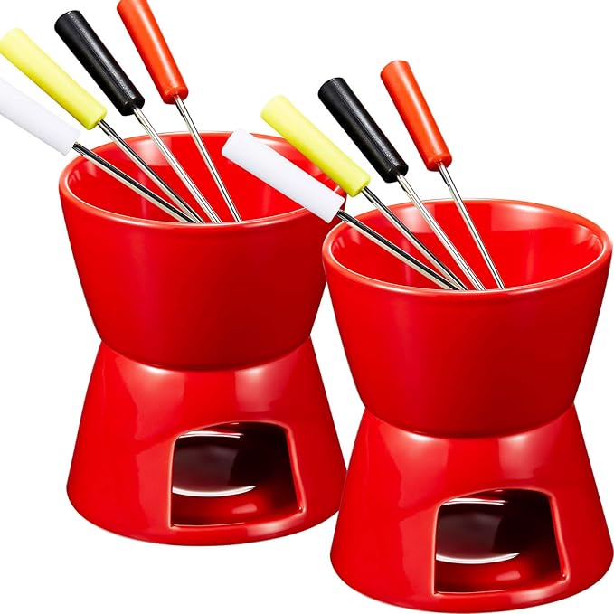 Mudder Fondue Mug Ceramic Pot and 8 Pieces Forks for Melting Chocolate, Cheese, Broth Or Tapas On Valentine's Day (Red)