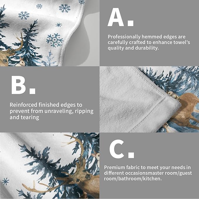 Imiss Blue Forest Deer Hand Towels Set of 2，Snowflake Reindeer Fingertip Towels Pine Tree Decorative Bathroom Towel 14.4 x 28.3 Inch for Winter Xmas Holiday Decor