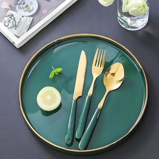 12-Piece Gold Silverware Set with Elegant Emerald Ceramic Handle,Premium Stainless Steel Flatware Set Service for 4,Mirror Polished Dishwasher Safe Luxury Cutlery Set for Home Restaurant