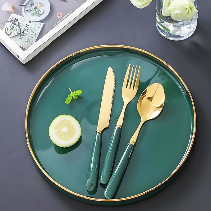 30-Piece Gold Silverware Set with Elegant Emerald Ceramic Handle,Premium Stainless Steel Flatware Set Service for 10,Mirror Polished Dishwasher Safe Luxury Cutlery Set for Home Restaurant