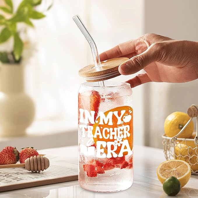 in My Teacher Era Glass Cup with Lids and Straws 14oz, Teacher Appreciation Gifts, Teachers Gifts for Women Glass Iced Coffee Tumbler Drinking Jars with Cleaning Brush