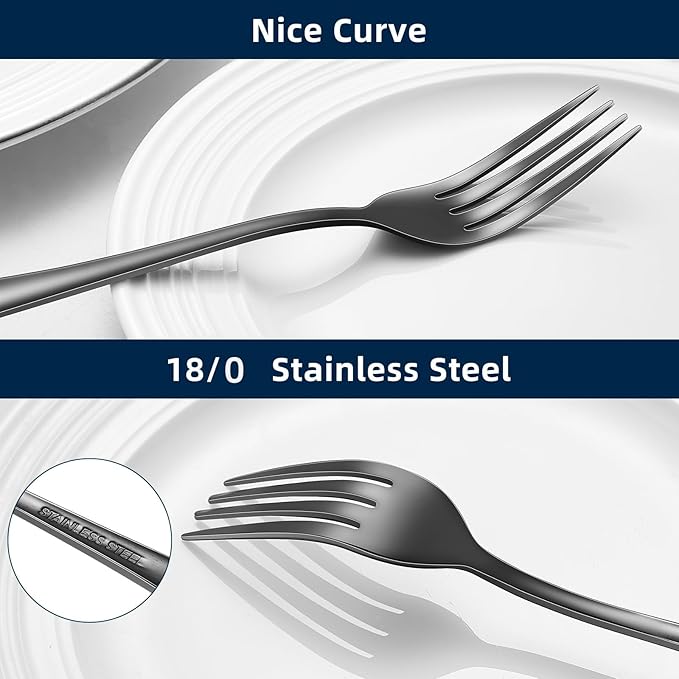 12 Piece Dinner Forks, 8 Inch, Top Food Grade Extra-Fine Stainless Steel Silverware Forks，Silverware Set, Dishwasher Safe （Black)