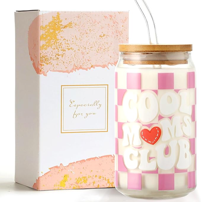 Christmas gift Mom Drinking Cup with Lid and Straw, 16oz Coffee Can Glass Cups, Cool Moms Club Cup from Daughter and Son, Christmas Birthday Present Ideas for Mother, New Moms, Mom To Be