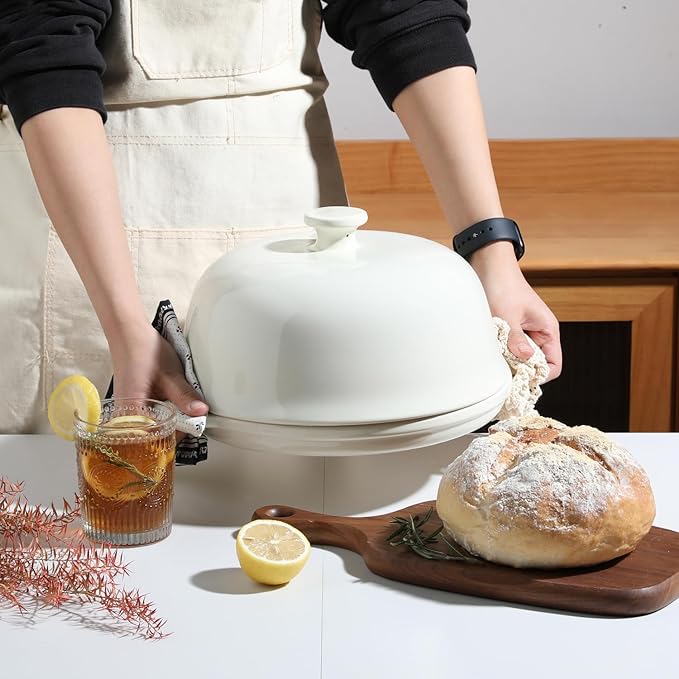Sweejar Ceramic Bread Oven with Lid, Large Sourdough Bread Baking Pan with Handle, 5QT Porcelain Round Bread Cloche For Baking, Cooking, Roasting (Beige)