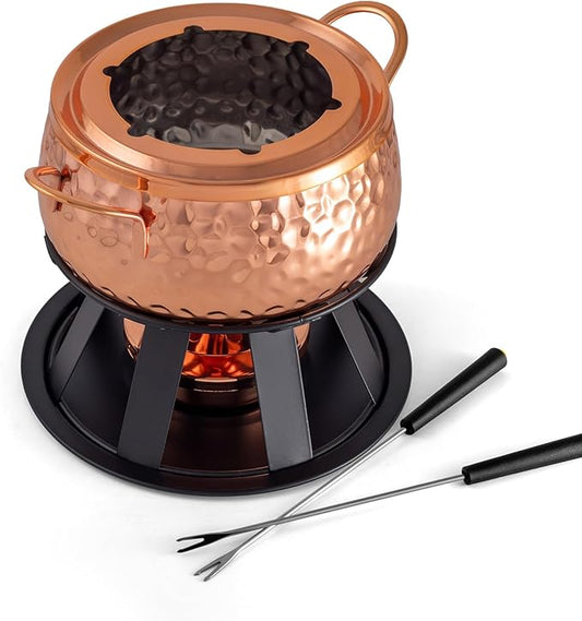 Swissmar Biel 11-Piece Copper-Plated Fondue Set – Hammered Finish – Ideal for Oil & Broth Cooking – Perfect for Entertaining, Kitchen Collections & Wedding Gifts – 2 Liter / 2.1 Quarts