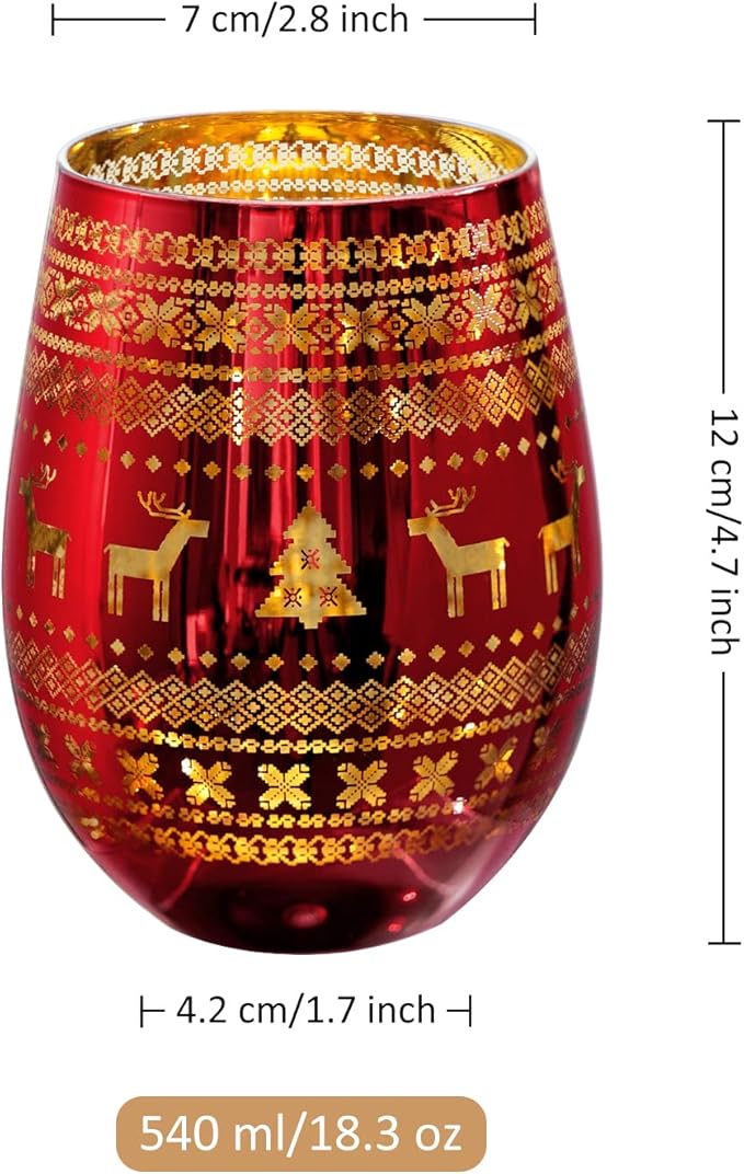 Joeyan Stemless Wine Glasses - Large Handmade Wine Glass Cups, Elk Snowflake Patterned Tumblers, 18 oz, Set of 2, Great for Gifts