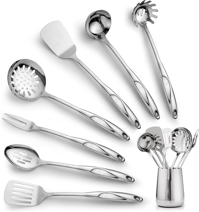 Zulay Kitchen Stainless Steel Cooking Utensil - Stainless Steel Kitchen Utensil - Durable Kitchen Gadgets - Metal Kitchen Accessories - Easy to Clean Kitchen Tools - 8 Piece Set