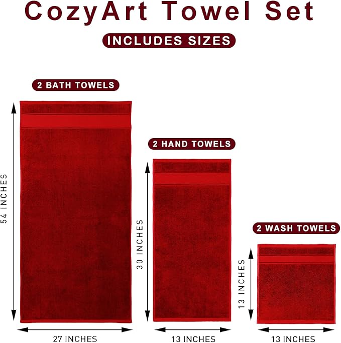 COZYART Red Bath Towel Set 6 Piece, Luxury 100% Turkish Cotton 650GSM Hotel Quality, Soft, Absorbent,Towel Sets for Bathroom | 2 Bath Towels 2 Hand Towels 2 Washcloths