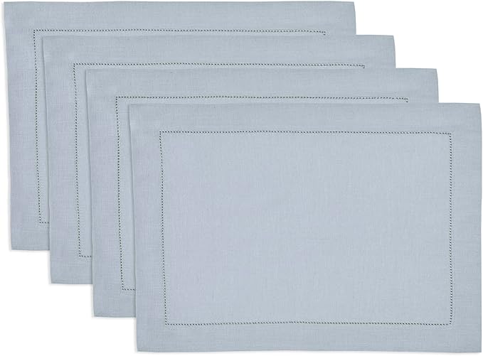 Solino Home Linen Cloth Placemats Set of 4-100% Pure Linen Hemstitch Dusty Blue Placemats 14 x 19 Inch - Classic Hemstitch Table Place Mats for Winter