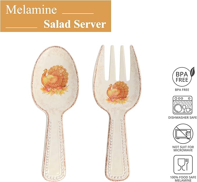 UPware Glitter Turkey Melamine Salad Servers, Serving Utensil Set, Includes Serving Fork and Spoon for Tossing Salad, Pasta, Thanksgiving Decorations, Orange, 10.75 Inch, Set of 2