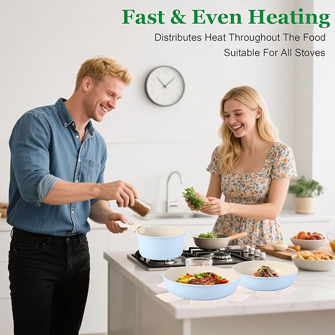 12 PCS Kitchen Cookware Sets with Detachable Handle,Pots and Pans Sets Non Stick, Induction Pan Set for RV Cookware,Oven Safe, PFOA Free（Blue)