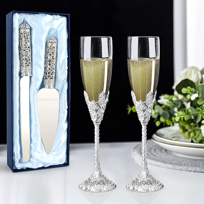Wedding Silver Cake Knife and Server Set - 2 Pcs Dessert Set Metal Handle with Crystal Stones Decoration for Wedding, Anniversary Party Birthday Banquets,Gifts for Bride and Groom