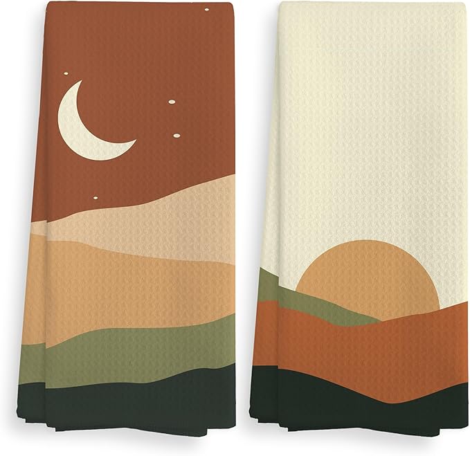 Abstract Boho Sun Moon Mountain Sunrise and Starry Night Landscape Kitchen Towels and Dishcloths Sets of 2,Boho Absorbent Drying Cloth Hand Towels Tea Towels for Bathroom Kitchen,16×24 inches