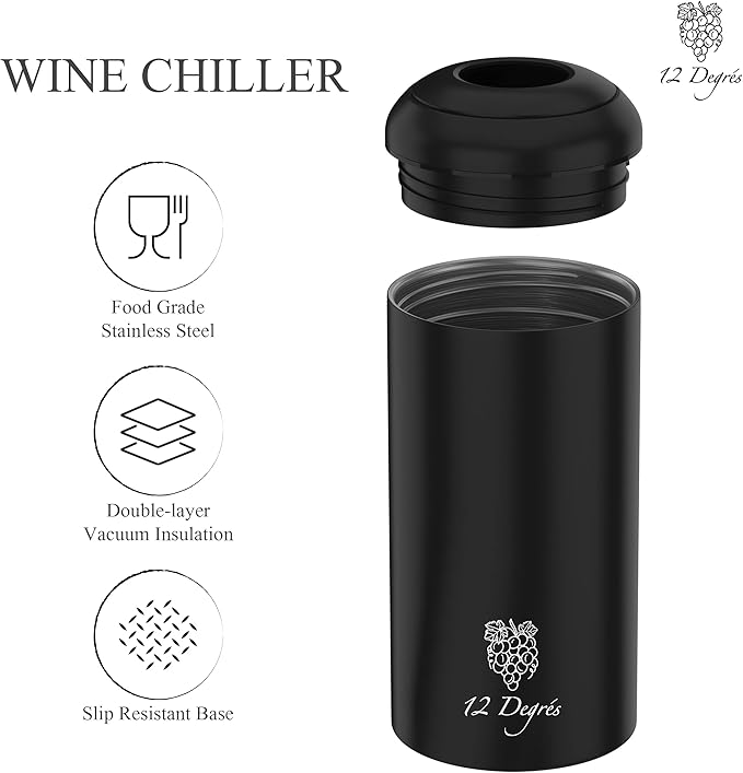 Wine Chiller Set - Perfect Wine Gifts for Women & Men - Stainless Steel Insulated Wine Cooler with Wine Pump, Aerator & 4 Stoppers (Black)