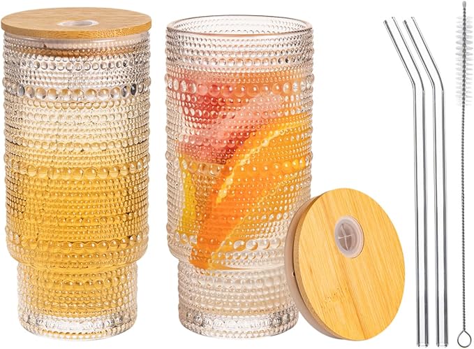 Drinking Glasses with Bamboo Lids and Glass Straw 2pcs Set,16oz Glass Tumbler Cups,Water Glasses,Iced Coffee Glasses,iced Tea Glasses,Beer Glasses,Ideal for Whiskey,1 Brushes