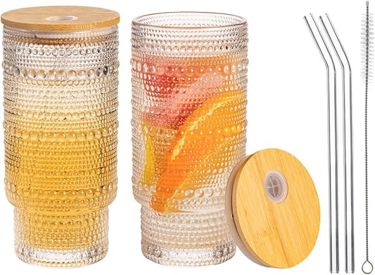 Drinking Glasses with Bamboo Lids and Glass Straw 2pcs Set,16oz Glass Tumbler Cups,Water Glasses,Iced Coffee Glasses,iced Tea Glasses,Beer Glasses,Ideal for Whiskey,1 Brushes