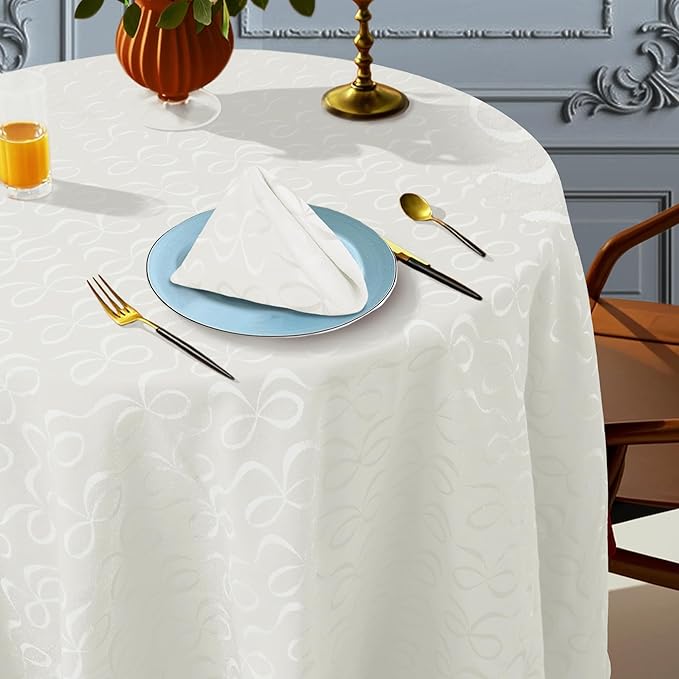 White Round Tablecloth 70 Inch Cloth for 5ft Tables (4-6 Seats) - Cotton & Polyester - Wrinkle/Fade Resistant - Washable & Reusable - 1PC Circle Table Cover for Wedding, Party & Dining, Bows Jacquard