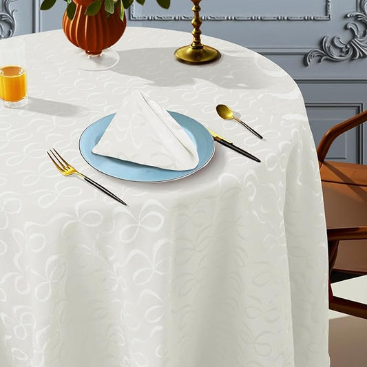 White Round Tablecloth 70 Inch Cloth for 5ft Tables (4-6 Seats) - Cotton & Polyester - Wrinkle/Fade Resistant - Washable & Reusable - 1PC Circle Table Cover for Wedding, Party & Dining, Bows Jacquard
