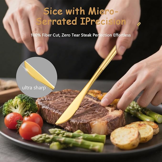 Modern Gold silverware Set,Premium 18/10 Stainless Steel,Heavy duty,Sturdy,Sharp Practical steak knives,Matte gold Handle,Mirror Polished Finish,Kitchen Essential, (golden)