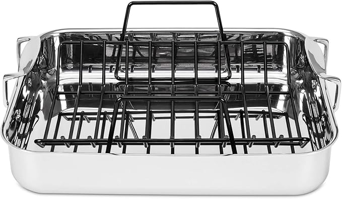 Viking 3-Ply Stainless Steel Roasting Pan with Non Stick Rack, 16 x 13 Inch Kitchen Cookware, Great for Turkey, Dishwasher and Oven Safe, Induction Ready, Silver